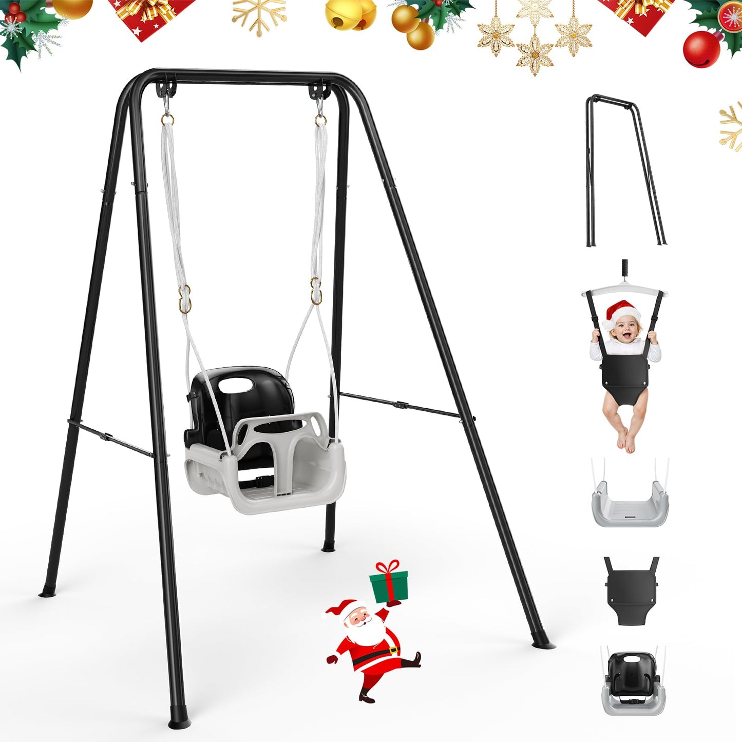 4 in 1 Toddler Swing Set, Kids Swing with Folding Metal Frame Stand, Safety Belt, for Baby In & Outdoor, Garden Playground Set, Swing Sets for backyard (Black)