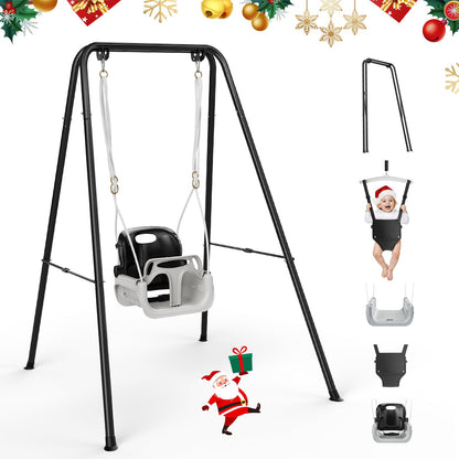 4 in 1 Toddler Swing Set, Kids Swing with Folding Metal Frame Stand, Safety Belt, for Baby In & Outdoor, Garden Playground Set, Swing Sets for backyard (Black)