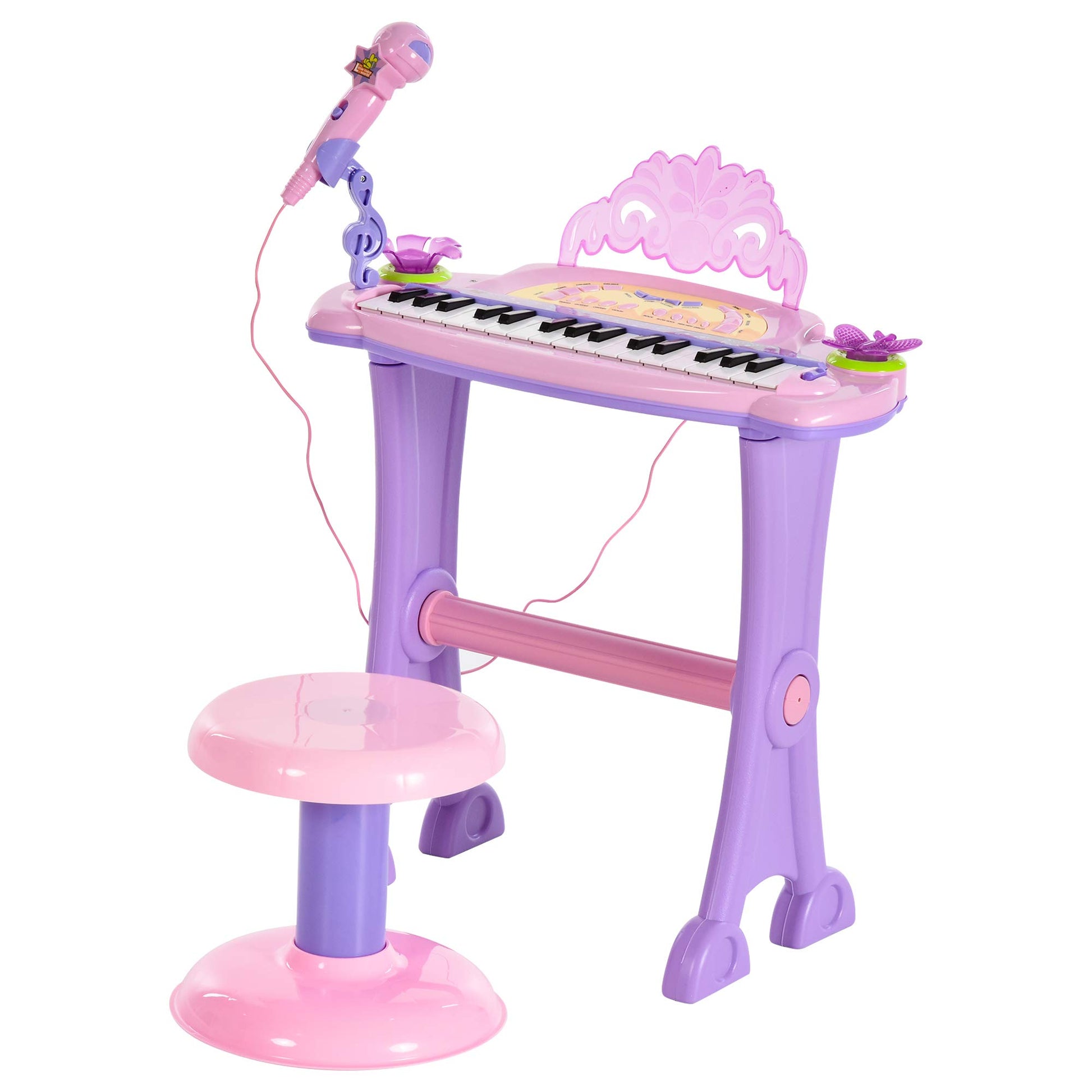 HOMCOM 32-key kids electronic mini keyboard with microphone, educational musical toy, includes grand piano stool for children.