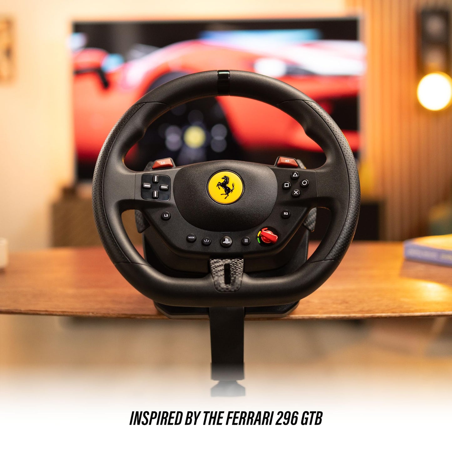 Thrustmaster T98 Ferrari 296 GTB racing wheel and pedals, black, with Ferrari logo, bungee cord technology, and manettino dial for PS5, PS4, PC