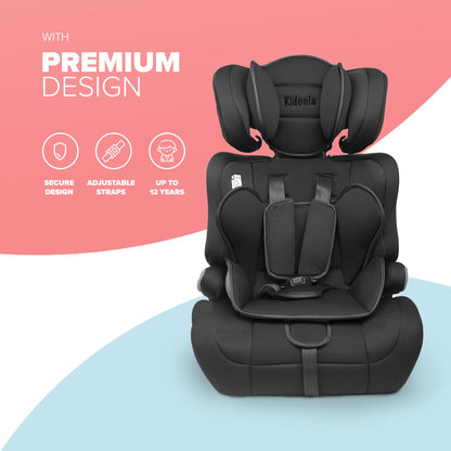 Kidoola Adjustable Car Seat for Toddlers & Children - Safety Certified Booster Seat, Padded & Comfortable with 3 Adjustable Age Functions & Straps, Up to 12 Years - ECE R44/04 (Black)