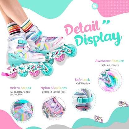SULIFEEL adjustable light-up inline skates for kids with rainbow unicorn design and glowing wheels, perfect for beginners.