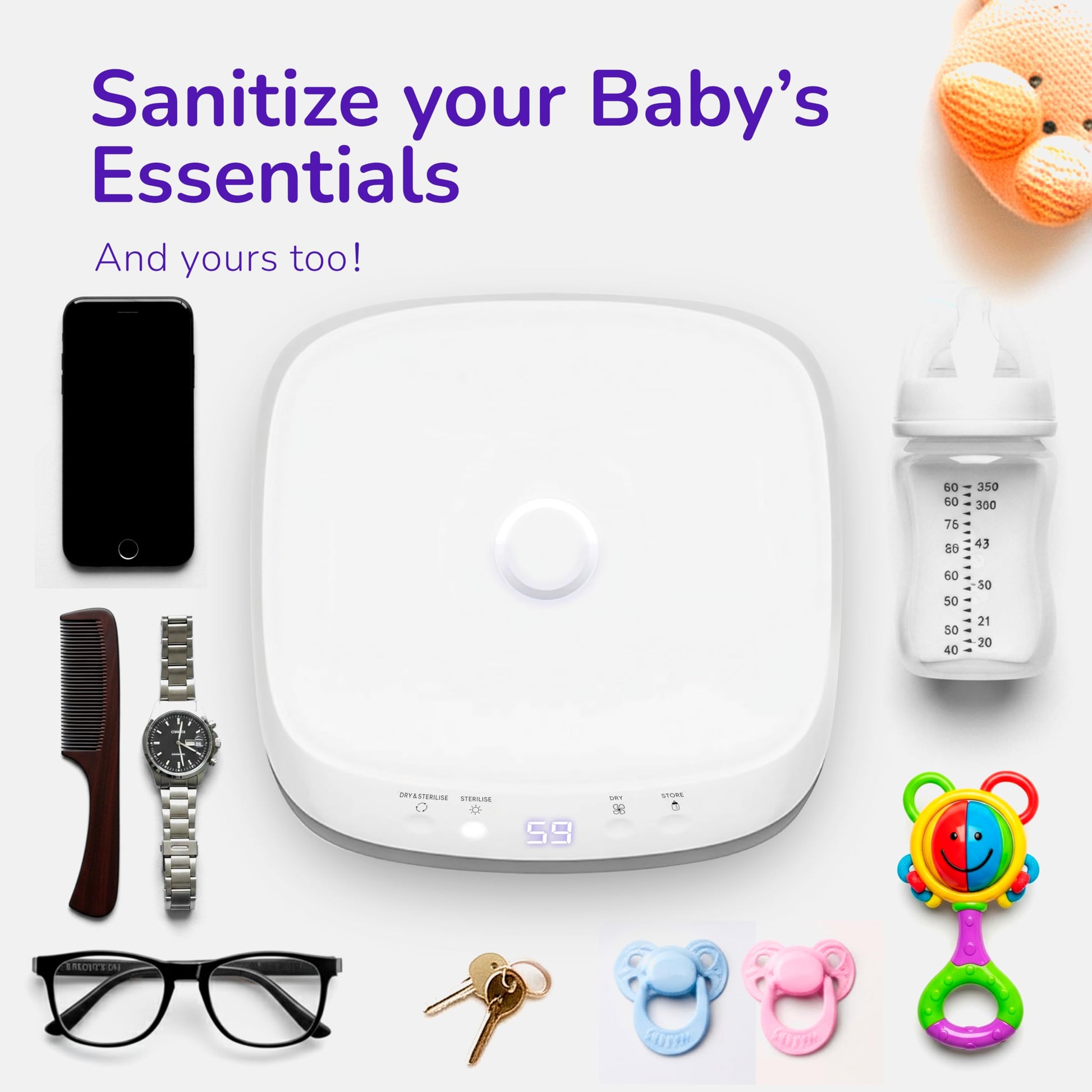 BooBoo Baby Pro UV steriliser for baby bottles, dummies, toys, and accessories, with a large capacity and fast 11-minute sterilization.