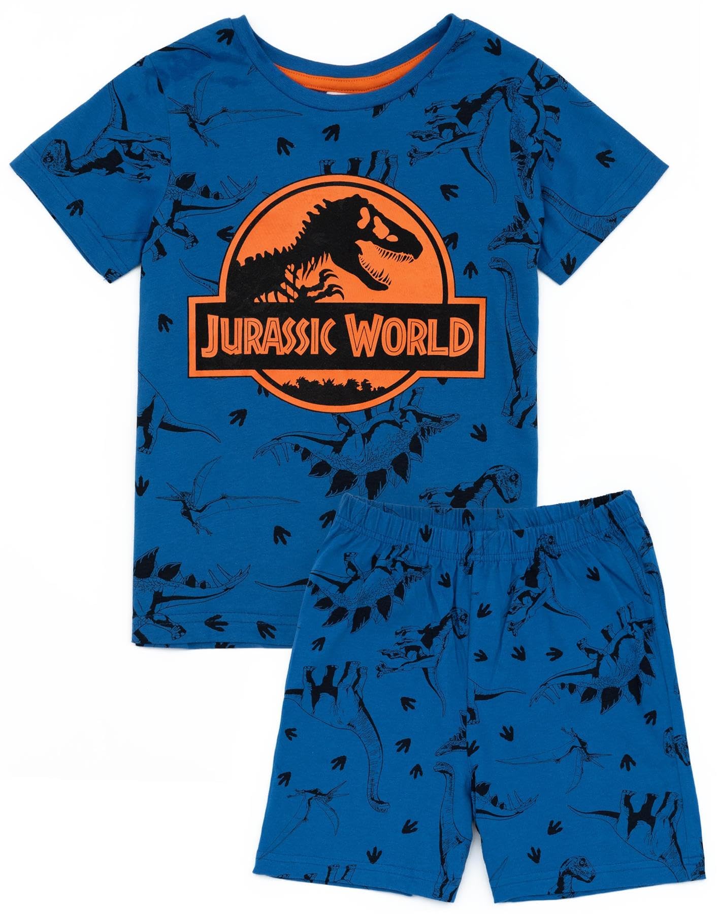 Jurassic World Boys Pyjama Set | Blue Short Sleeve T-Shirt and All Over Print Shorts PJs For Kids | Orange Logo with All Over Dinosaur Print Film Loungewear | Nightwear Pyjama Gifts for Children