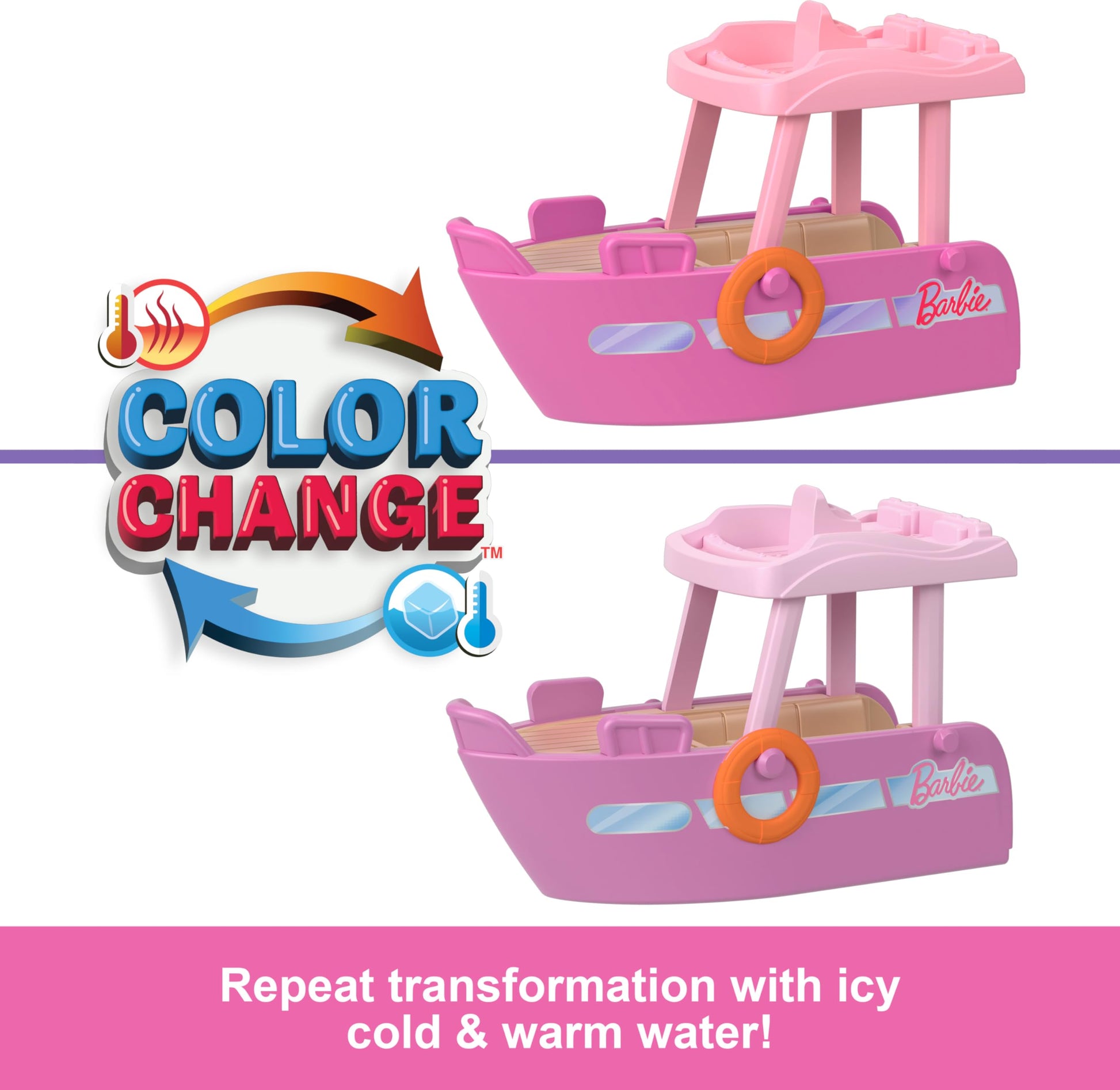 Mini BarbieLand set with 1.5-inch Barbie doll, colorful boat, detachable slide, and pool featuring color-change effects.