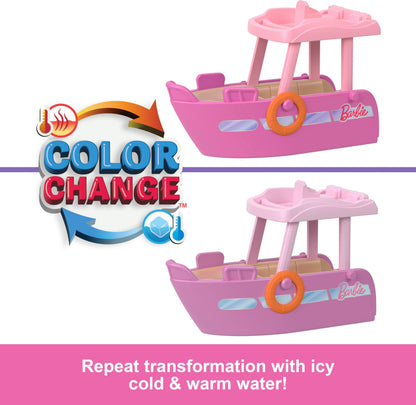 Mini BarbieLand set with 1.5-inch Barbie doll, colorful boat, detachable slide, and pool featuring color-change effects.