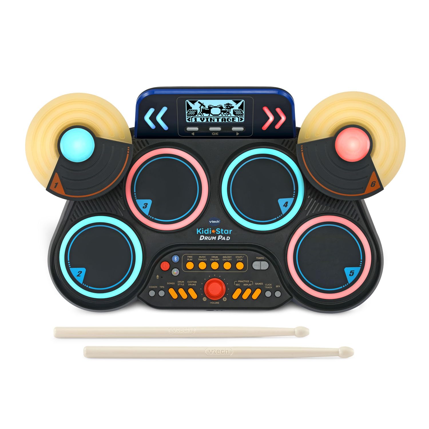 Black VTech Kidi Star Drum Pad with colorful drum pads and controls for kids' music play and drumming fun.