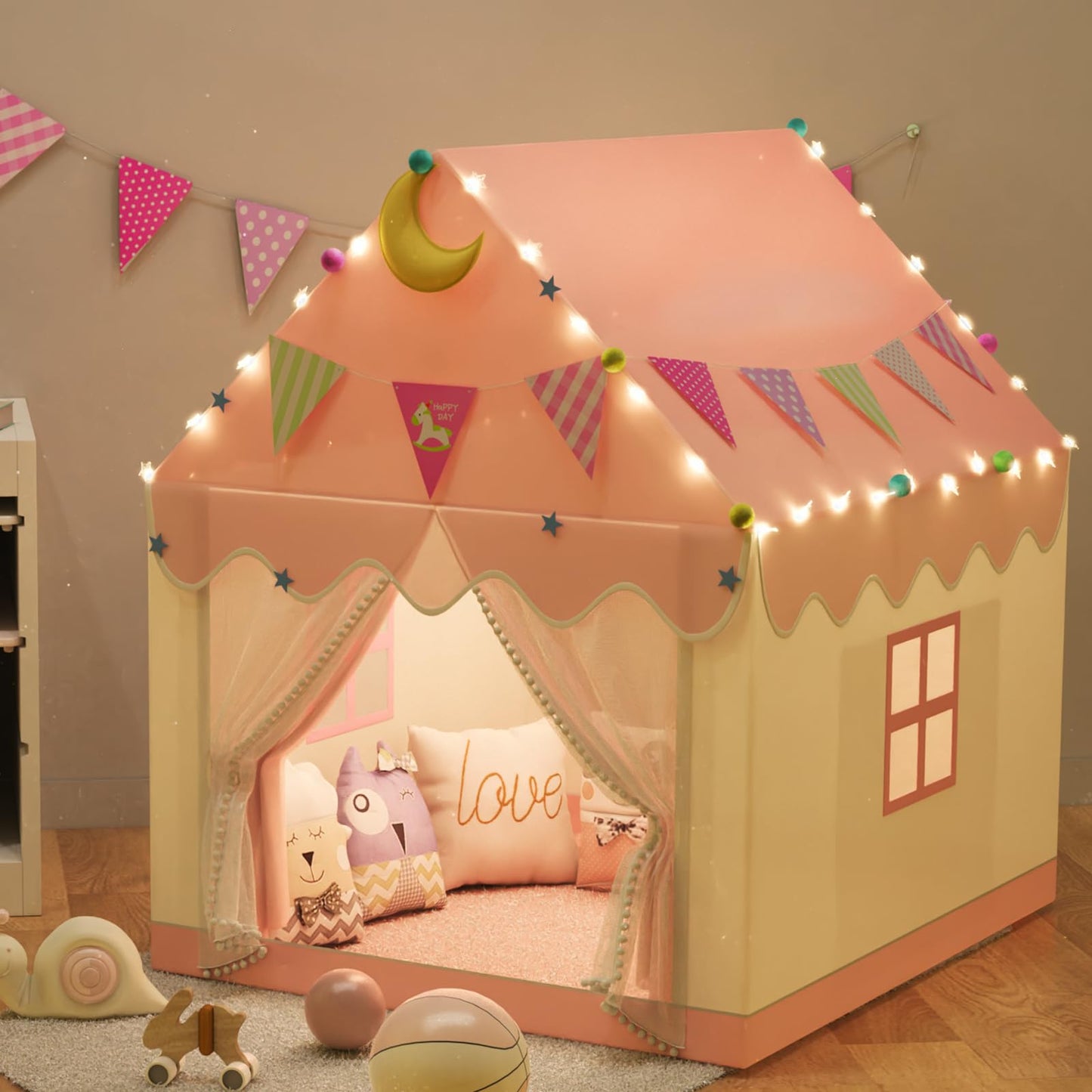 Kids Tent - 2 In 1 Kids Play Tent Children's Playhouse Indoor with Star Lights,Large Play Tent for House Outdoor Playground Children's Birthday Present