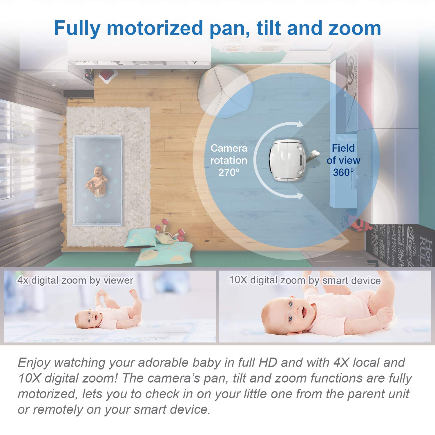 VTech VM901 Wi-Fi baby monitor with 5-inch 720p display, remote pan tilt zoom, HD night vision, and two-way talk.