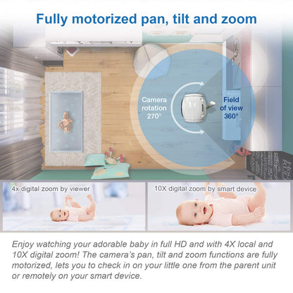 VTech VM901 Wi-Fi baby monitor with 5-inch 720p display, remote pan tilt zoom, HD night vision, and two-way talk.