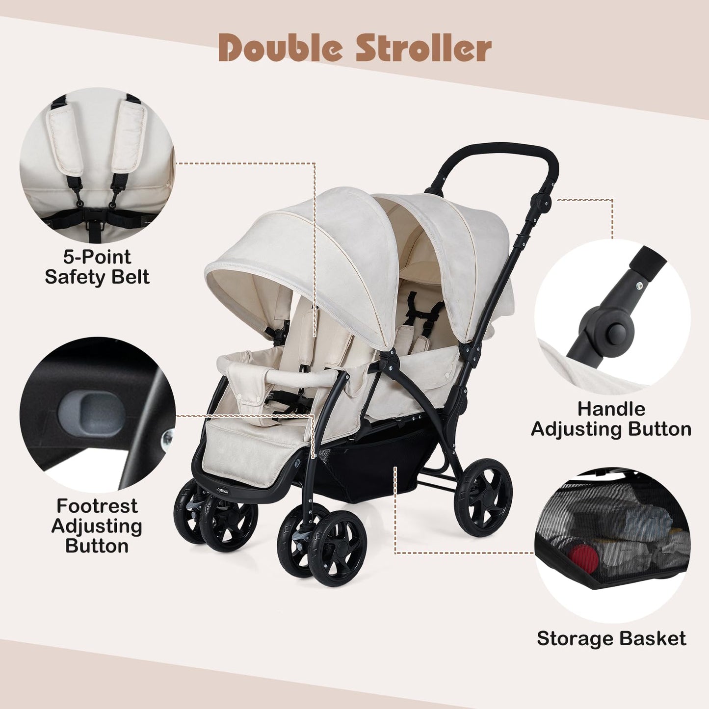 COSTWAY double seat pushchair with beige fabric, adjustable backrests, sunshade, safety belts, and storage basket for infants and toddlers