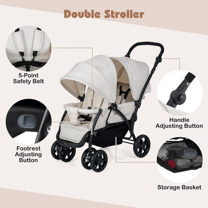 COSTWAY double seat pushchair with beige fabric, adjustable backrests, sunshade, safety belts, and storage basket for infants and toddlers