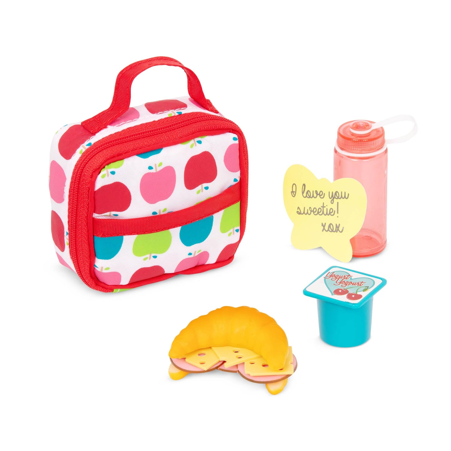 Our Generation school lunch bag with pretend play food set for 18-inch dolls, perfect for imaginative play.