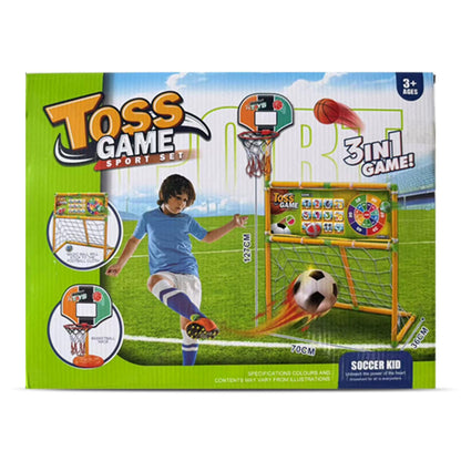 A2Z 4 Kids 3-in-1 indoor/outdoor toss game set with basketball hoop, football goal, target board, balls, and pump for active play.