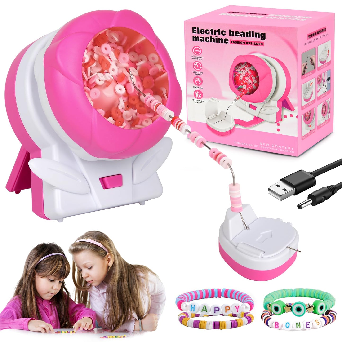 Xinrongda clay bead spinner for jewelry making with bead bowl, needle, and thread, ideal for creating bracelets, necklaces, and waist beads.