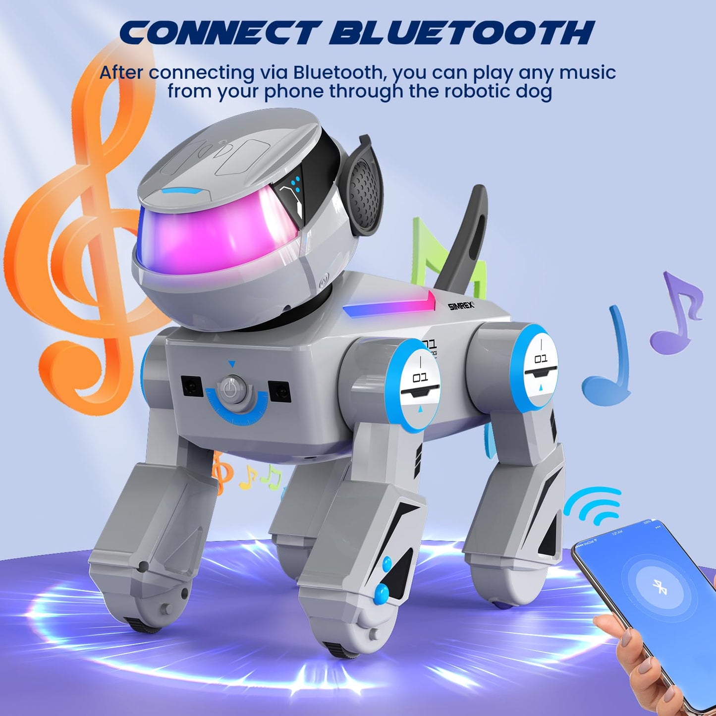 SIMREX Robot Dog Toys for Kids, Interactive Smart Robotic Dog with Touch Sensor, Bluetooth Remote Control, Dancing Tricks, LED Eyes, Birthday Gift for Boys and Girls(Grey)