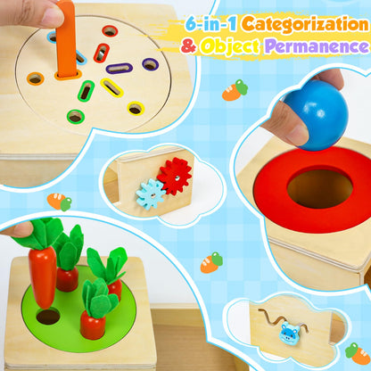 LZDMY Baby Wooden Montessori Toys for 1 Year Old Boys Girls, Toddlers Educational Sensory Sorting Toys Aged 1-3, 6 in 1 Activity Cube Carrots Havest Balls Drop Toy, Babies 1st Birthday Gifts