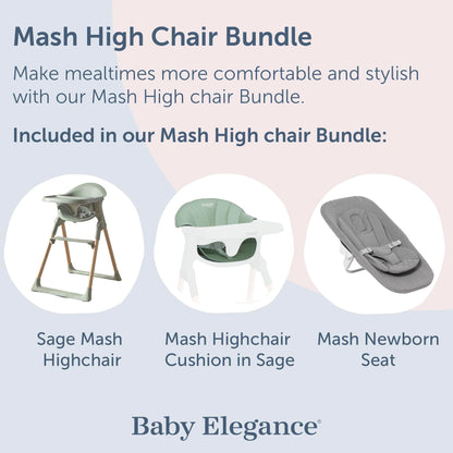 Mash High Chair Bundle by Baby Elegance | Includes Newborn Seat (0-6 Months), Toddler Seat (6+ Months) & Sage Cushion | Adjustable Sage High Chair for Babies & Toddlers