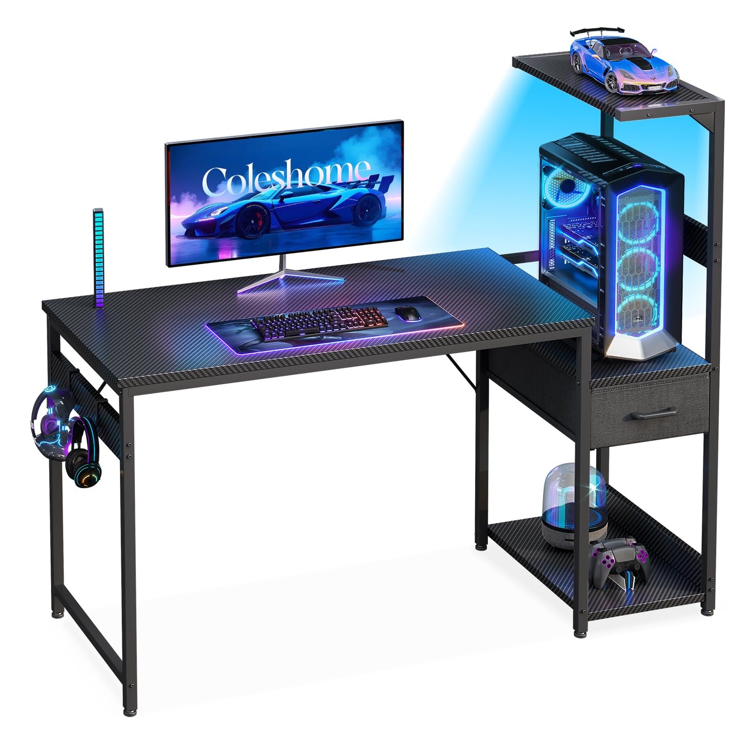 Coleshome gaming desk in black with LED lights, reversible design, drawers, display shelves, headphone hook, carbon fiber finish