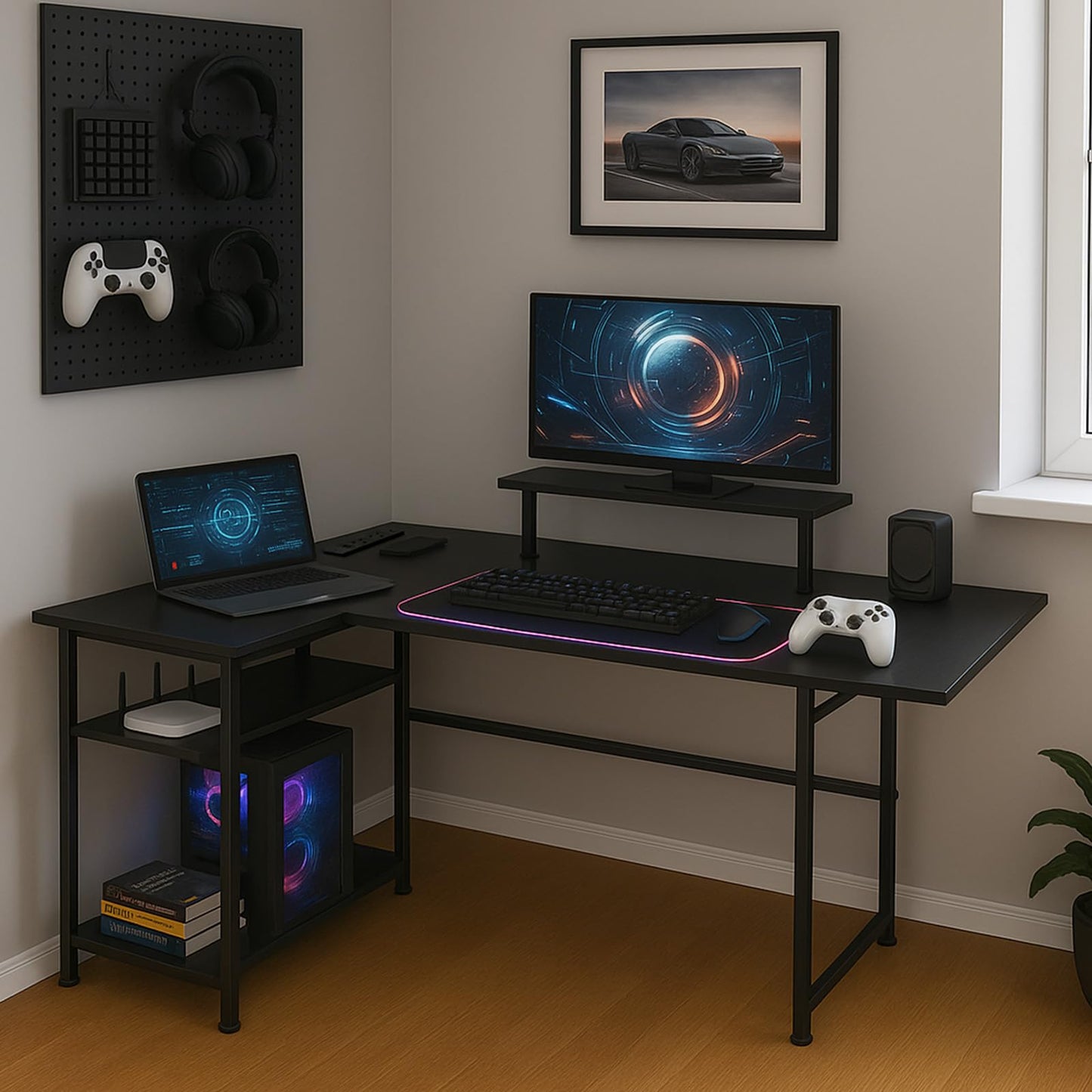 LEVSON L-Shaped Gaming Desk 150×80 cm, Carbon Fibre Computer Table with LED Lights, Power Outlets & USB Ports, Foldable & Extendable Design from 120cm to 150cm, Black Corner Desk for Home Office