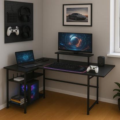 LEVSON L-Shaped Gaming Desk 150×80 cm, Carbon Fibre Computer Table with LED Lights, Power Outlets & USB Ports, Foldable & Extendable Design from 120cm to 150cm, Black Corner Desk for Home Office