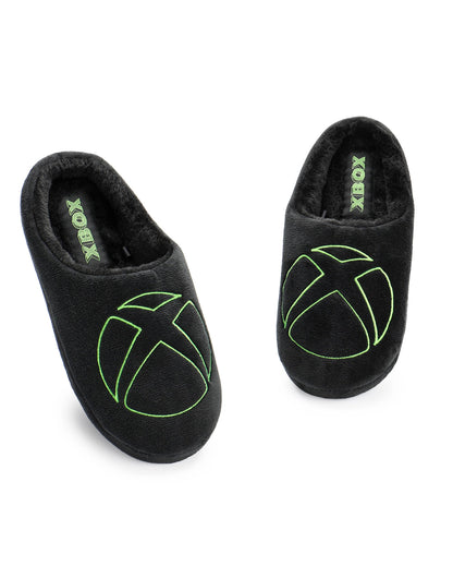 Xbox men's black velour slippers with gaming logo, fur-lined interior, rubber sole, ideal for indoor gaming and casual wear