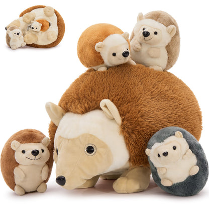 MorisMos Big Hedgehog Teddy Soft Toy, 35cm Mom with 4 Cuddly Baby Inside, Giant Fluffly Hedgehog Stuffed Animal Realistic Kawaii Gift for Kids Birthday Deco