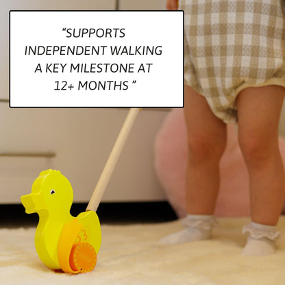 Wooden Waddles the Duck push toy for toddlers by Jaques of London, featuring a classic wooden duck design for 1-year-olds.