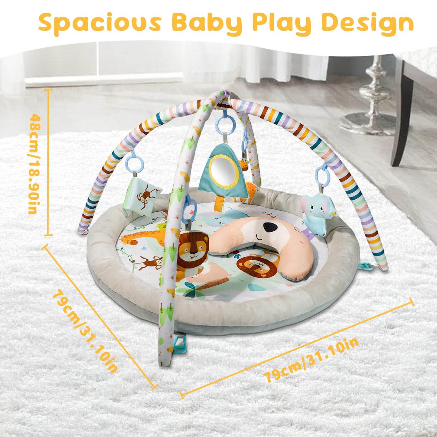 GoldEnough baby play mat with hanging toys, tummy time pillow, and soft mats for newborns and infants ages 0-36 months.