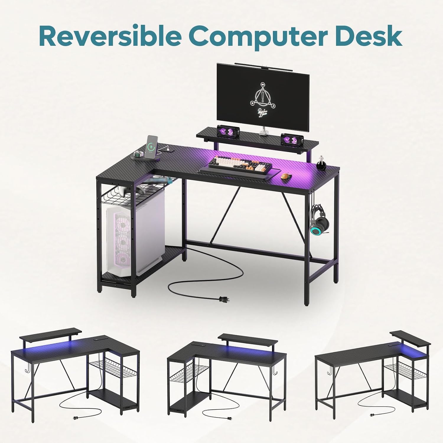 Bestier 132.5cm L-shaped workstation with carbon fibre surface, shelves, hooks, LED lights, and built-in power outlets for home office.