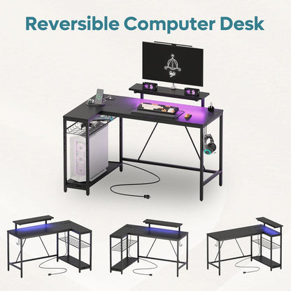 Bestier 132.5cm L-shaped workstation with carbon fibre surface, shelves, hooks, LED lights, and built-in power outlets for home office.