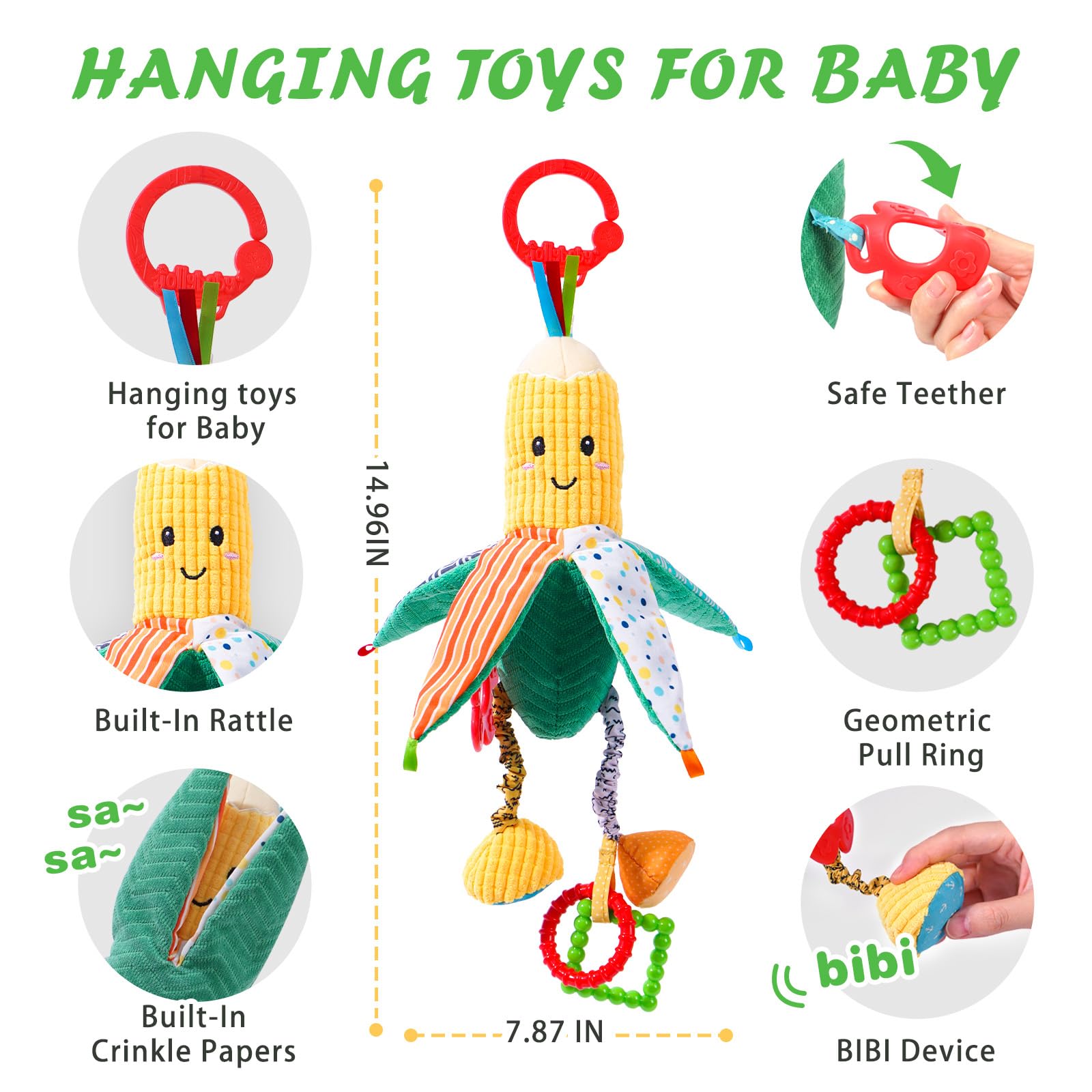 Jollybaby baby rattles hanging toys with crinkle and teether for pram, car seat, or play gym, suitable for infants 0-12 months.