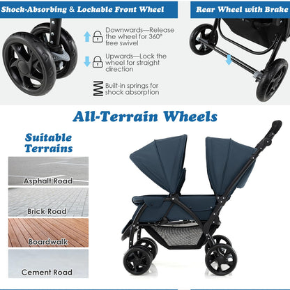 Maxmass Double Seat Baby Stroller, Folding Infant Pushchair with Adjustable Handlebar & Backrest, Storage Basket & Detachable Canopy, Travel Toddler Buggy for Shopping, Hanging Out (Navy Blue)