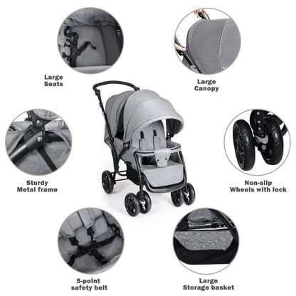 Maxmass Double Seat Baby Stroller, Folding Infant Pushchair with Adjustable Handlebar & Backrest, Storage Basket and Detachable Canopy, Travel Toddler Buggy for Shopping, Hanging Out (Grey)