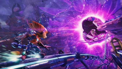 PlayStation Ratchet & Clank: Rift Apart game cover on PS5, featuring characters and vibrant sci-fi artwork.