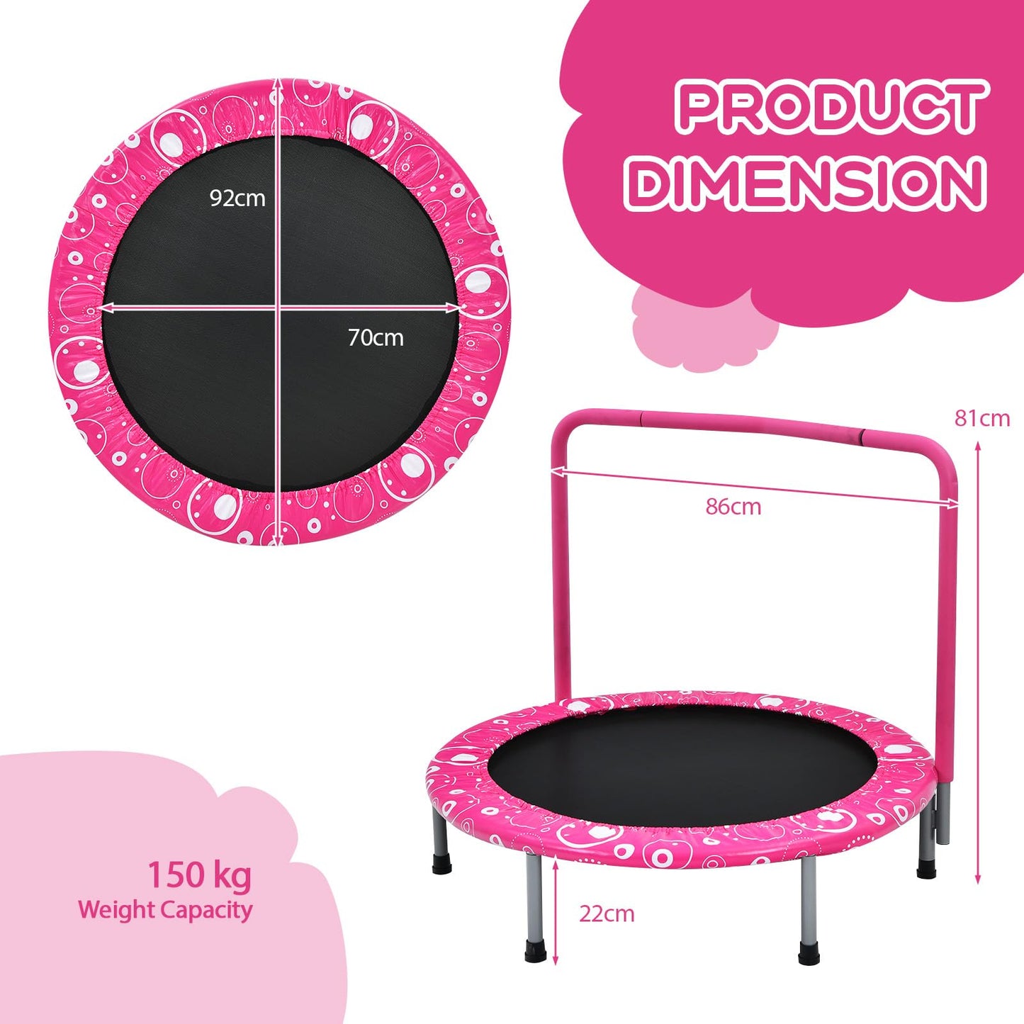 GYMAX Kids Trampoline with Handle, 36’’ Foldable Rebounder, Protective Cover, Outdoor Indoor Mini Trampolines for Children, Max Weight 150kg (Pink)