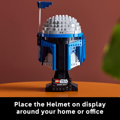 LEGO Star Wars 75408 Jango Fett helmet model kit with stand, nameplate, and adjustable rangefinder antenna for adults.