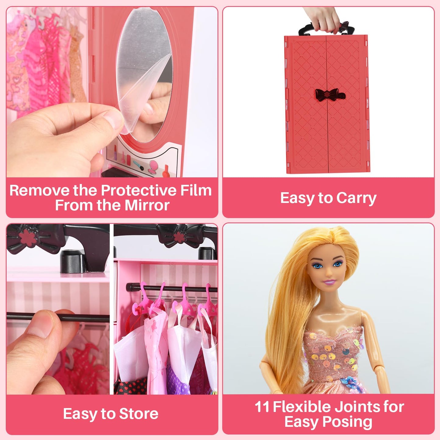 Yutoy dolls wardrobe set with doll closet, dress, shoes, and accessories for 11.5-inch fashionista dolls in red.