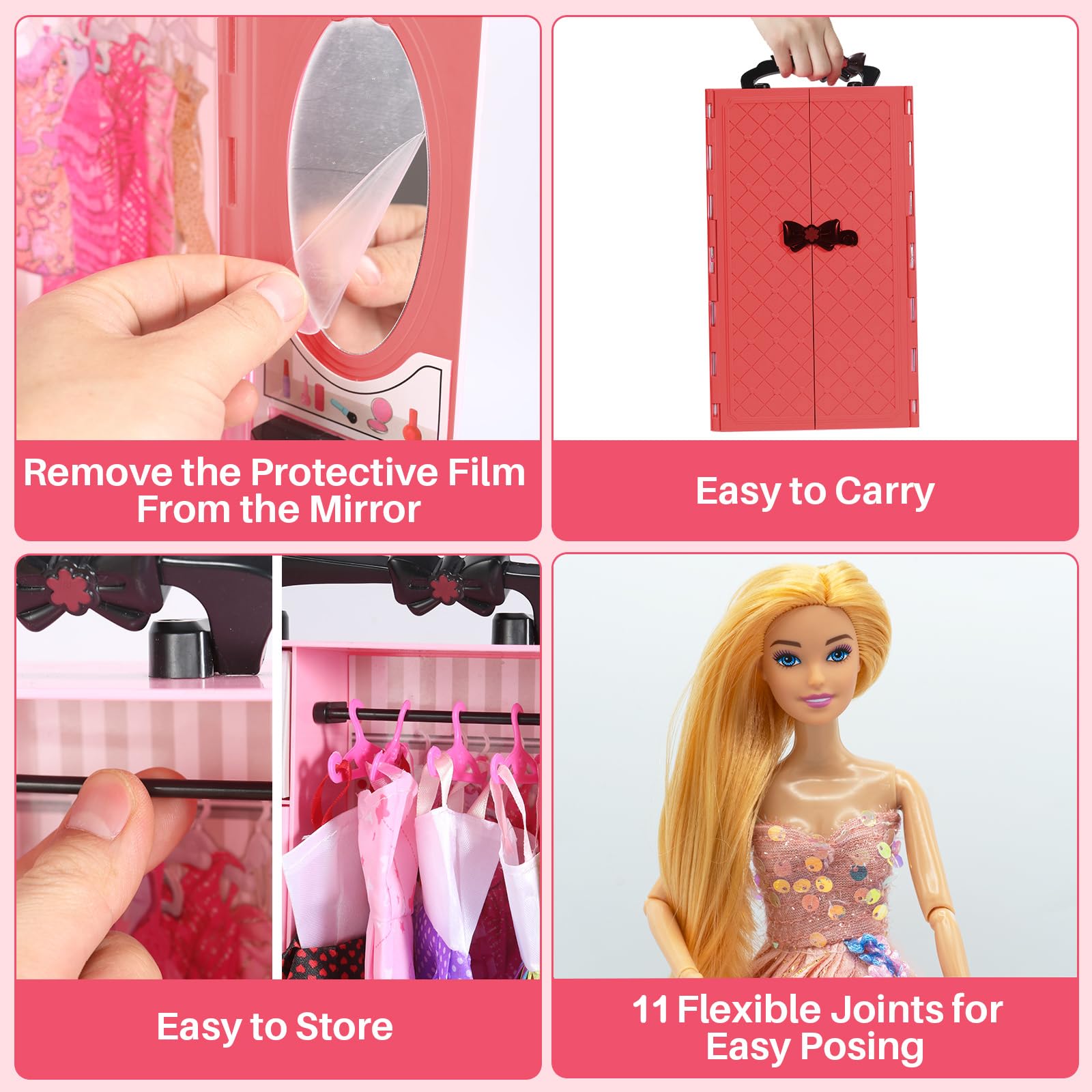 Yutoy dolls wardrobe set with doll closet, dress, shoes, and accessories for 11.5-inch fashionista dolls in red.