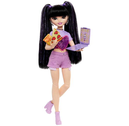 Barbie Dream Besties Doll Renee with long black hair, surrounded by 11 food and video-themed accessories.