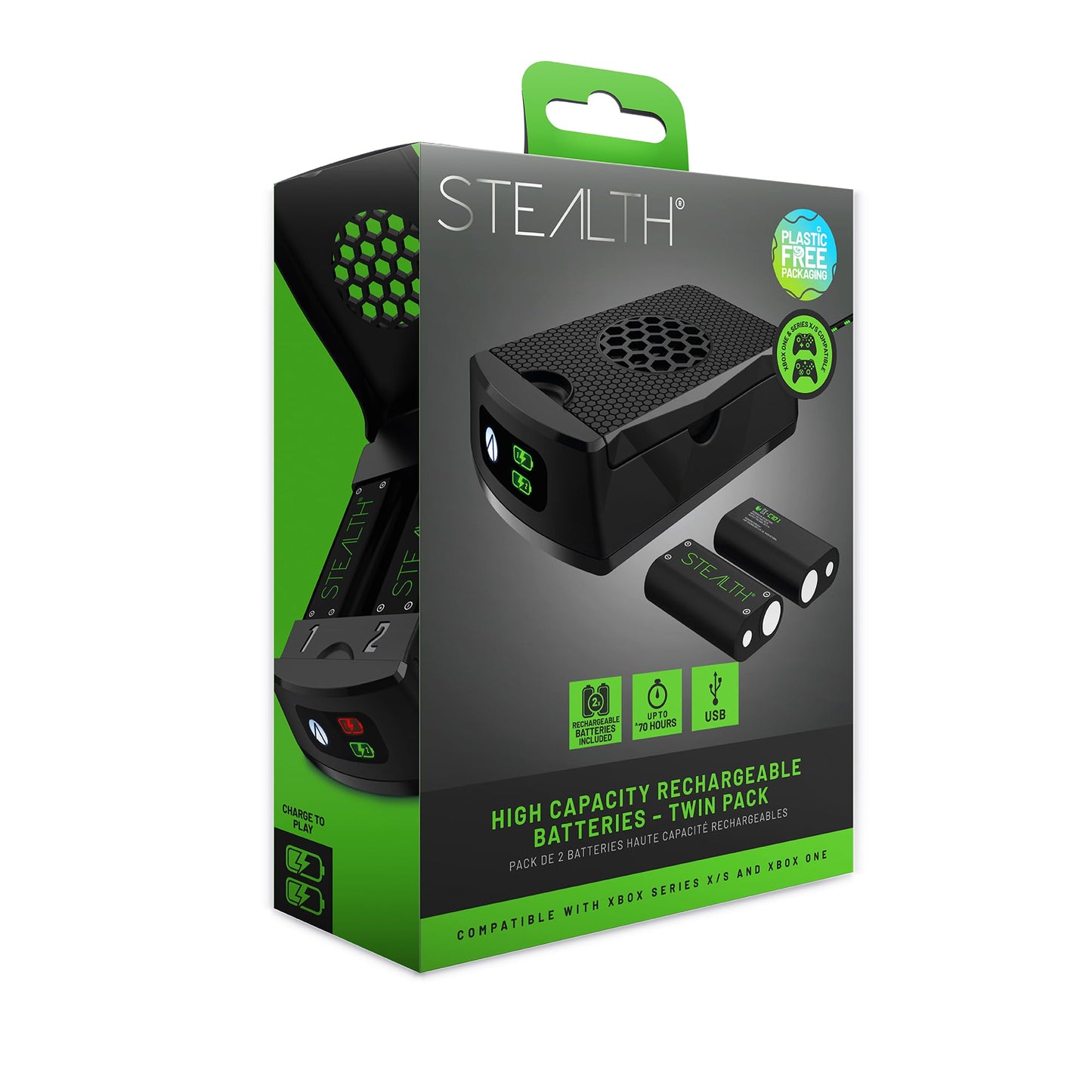 STEALTH SX-C10 X Twin Rechargeable Battery Packs for Xbox Series X, two black rechargeable batteries with charging port and cables.