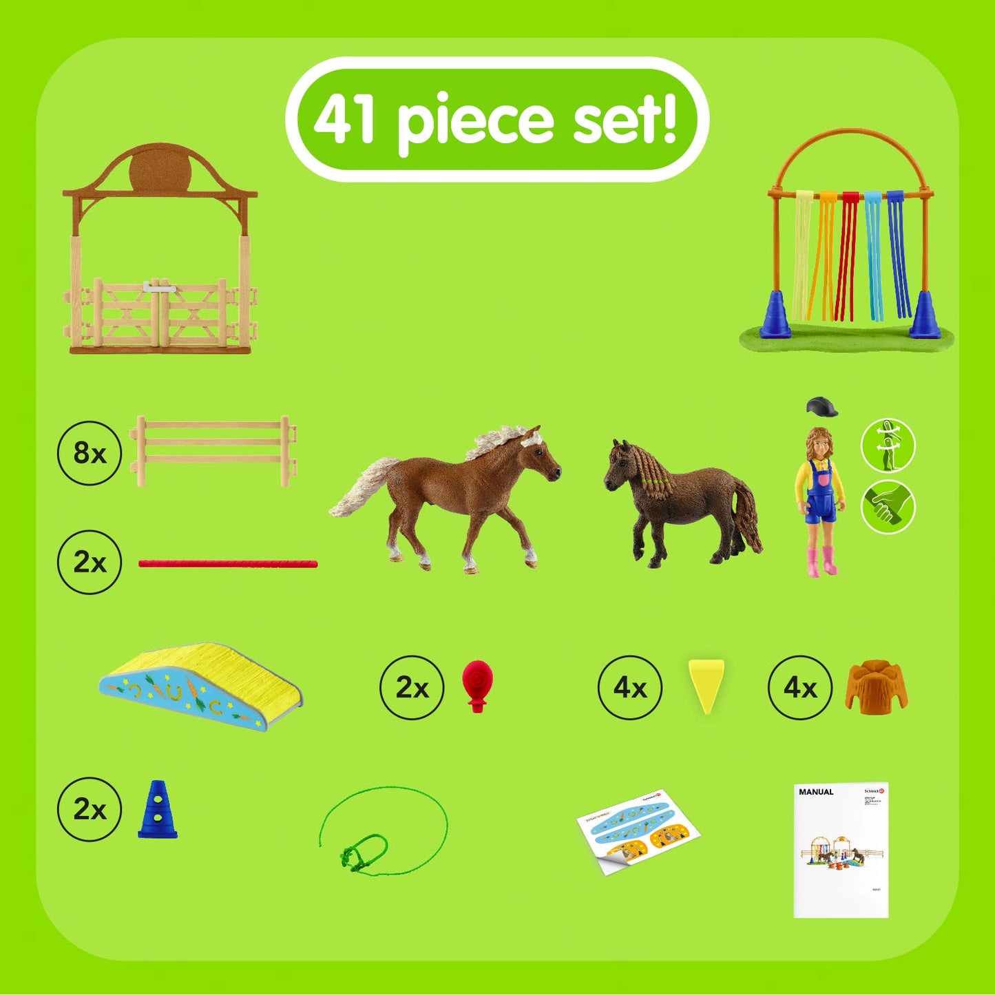 SCHLEICH Farm World 42481 Pony Agility Training Set with Horse, Trainer, and Accessories Playset - 41-Piece Pony, and Horse Club Accessories - Toy Animals Gift Set for Boys, Girls, Toddlers Ages 3+