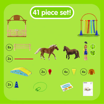 SCHLEICH Farm World 42481 Pony Agility Training Set with Horse, Trainer, and Accessories Playset - 41-Piece Pony, and Horse Club Accessories - Toy Animals Gift Set for Boys, Girls, Toddlers Ages 3+