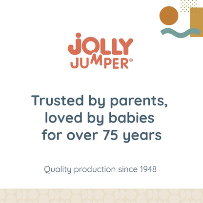 Baby in The Original Jolly Jumper baby exerciser with door clamp, showing the adjustable fabric seat and safety straps.