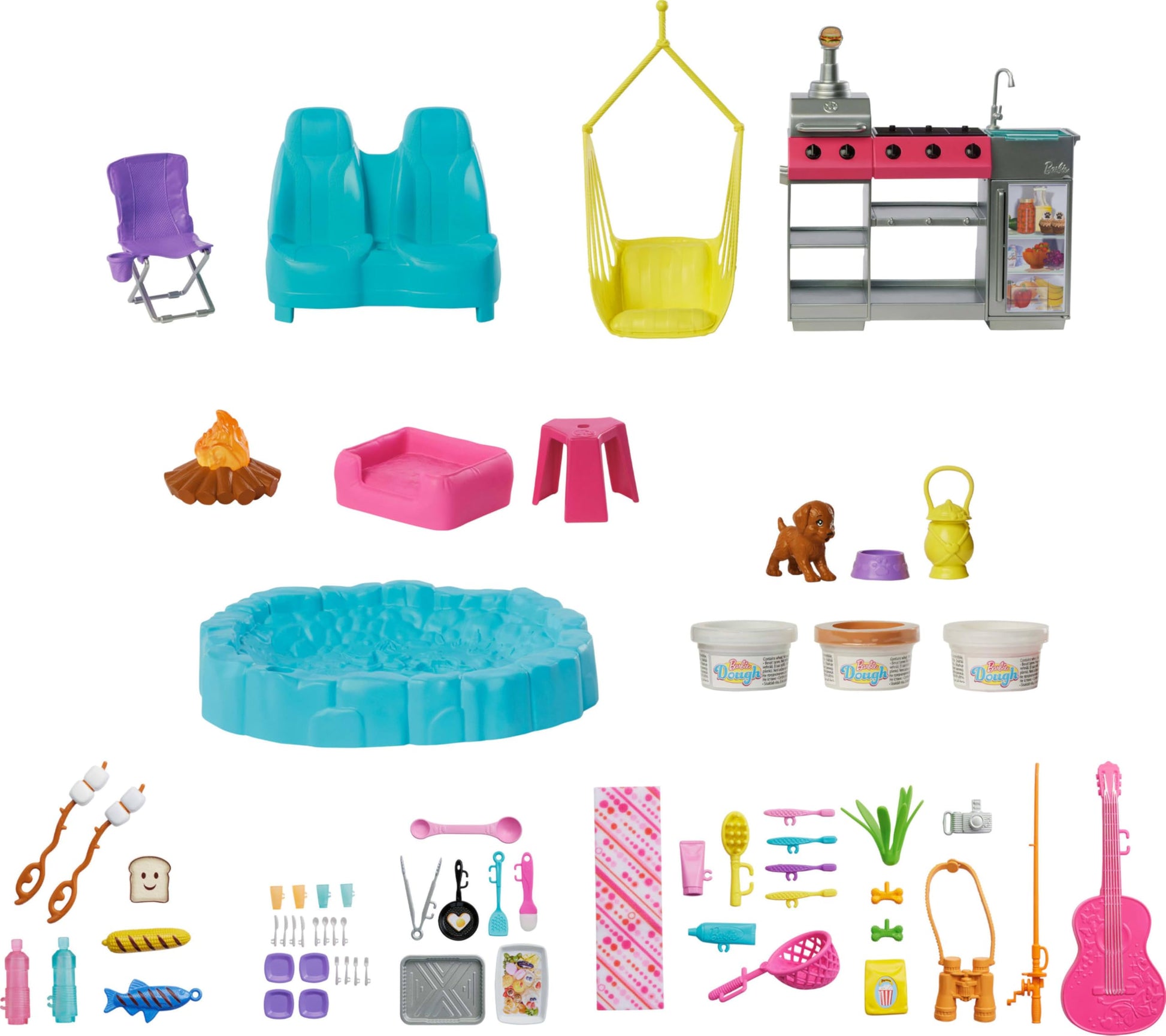 Barbie Dream Camper playset with roof tent, swing chair, fishing pond, BBQ grill, and 60+ accessories including dough.