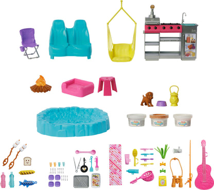 Barbie Dream Camper playset with roof tent, swing chair, fishing pond, BBQ grill, and 60+ accessories including dough.