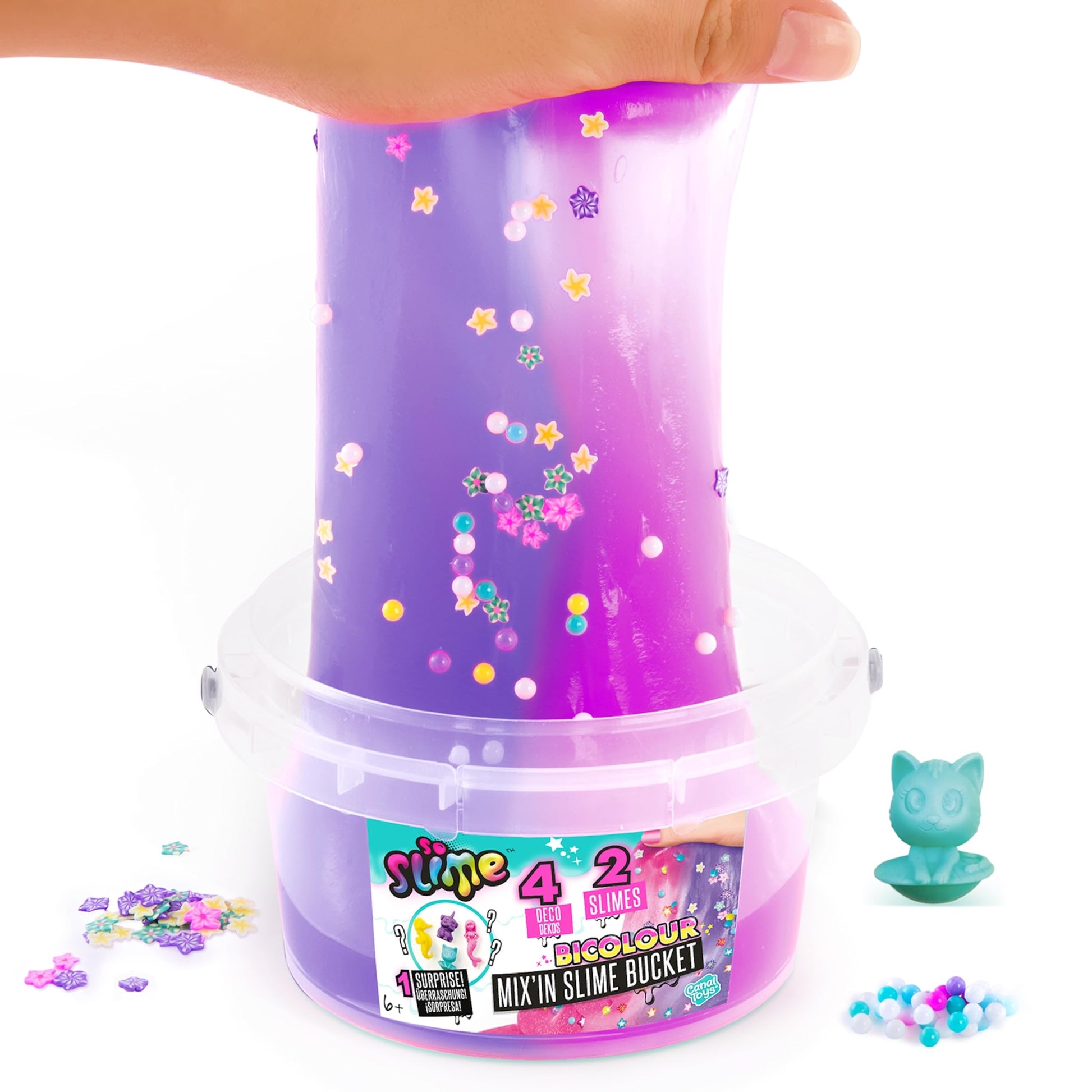 Colorful slime bucket by Canal Toys with three vibrant slime colors, fun add-in decorations, perfect for kids aged 6+