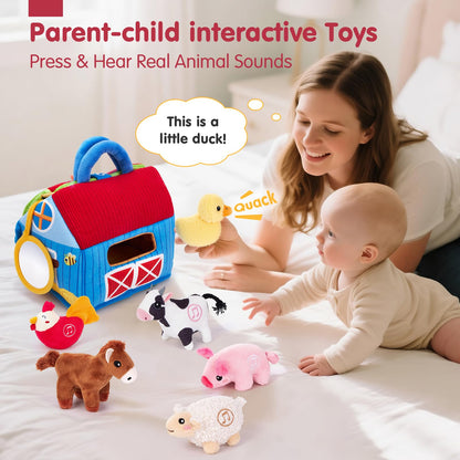 Plush farm animal sound toys set by hahaland, featuring crinkle textures and a mirror for sensory play for infants.