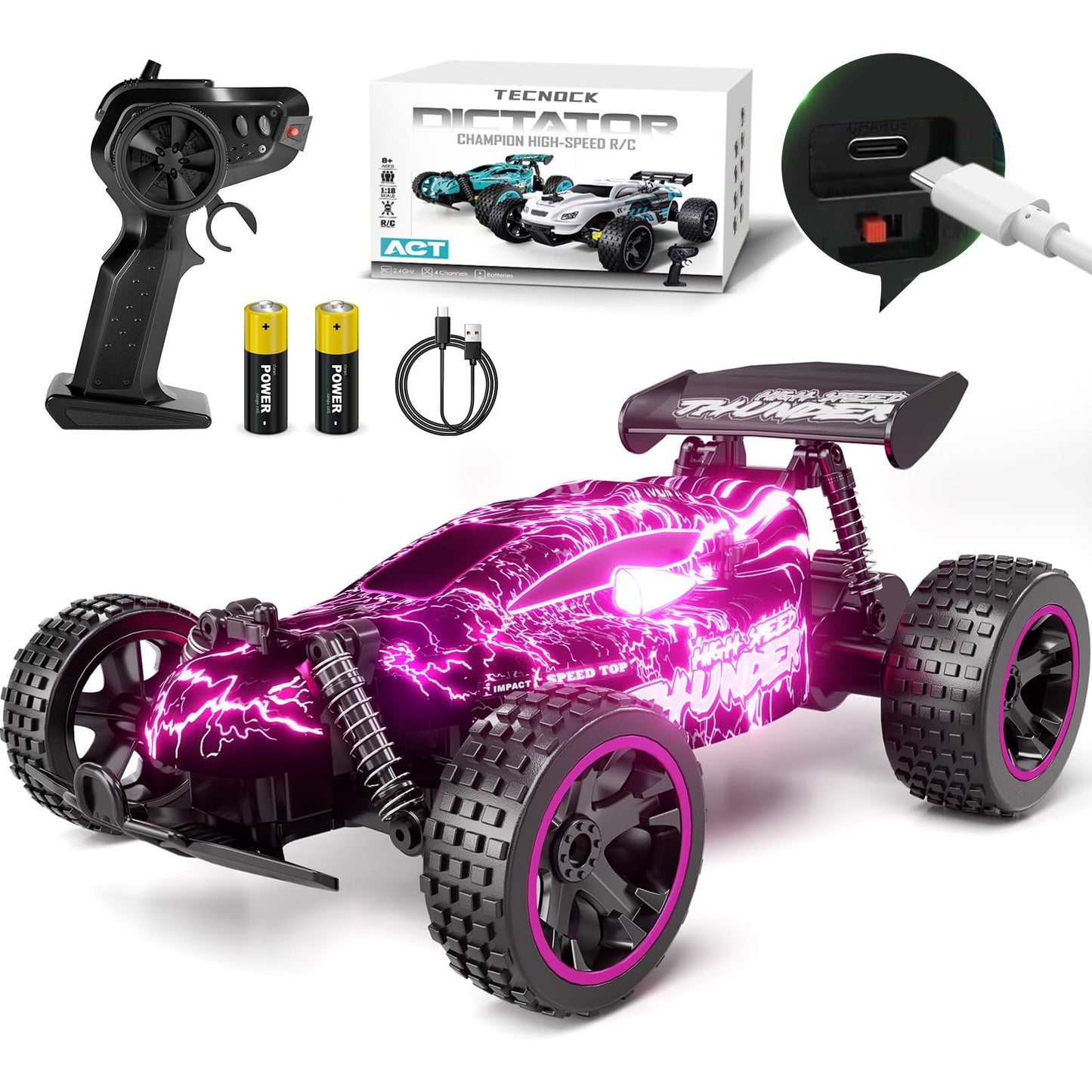 Tecnock RC Car Remote Control Car for Kids, 1:18 High Speed 20 KM/H 2WD RC Buggy, 2.4GHz Off Road Racing with Rechargeable Batteries, Toys Gift for Boys and Girls