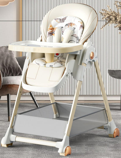 Magic ZC baby high chair with adjustable height, reclining positions, foldable design, double trays, wheels, and white finish.